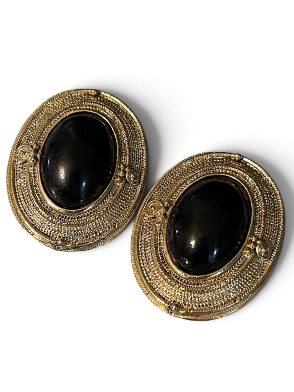 Vintage Victorian Revival Black & Gold Oversized Statement Clip-On Earrings